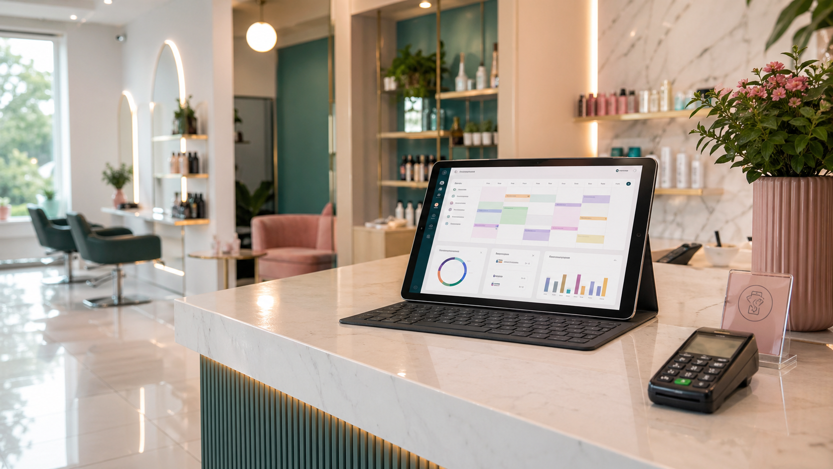 Recepcao de salao moderno com painel de agenda digital